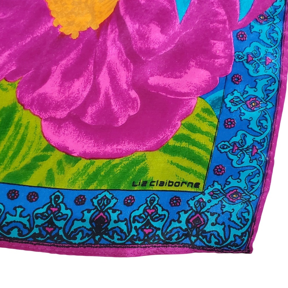 Liz Claiborne Silk Scarf Floral Pink‎ Blue Green Tropical Accent Accessory - Picture 3 of 4